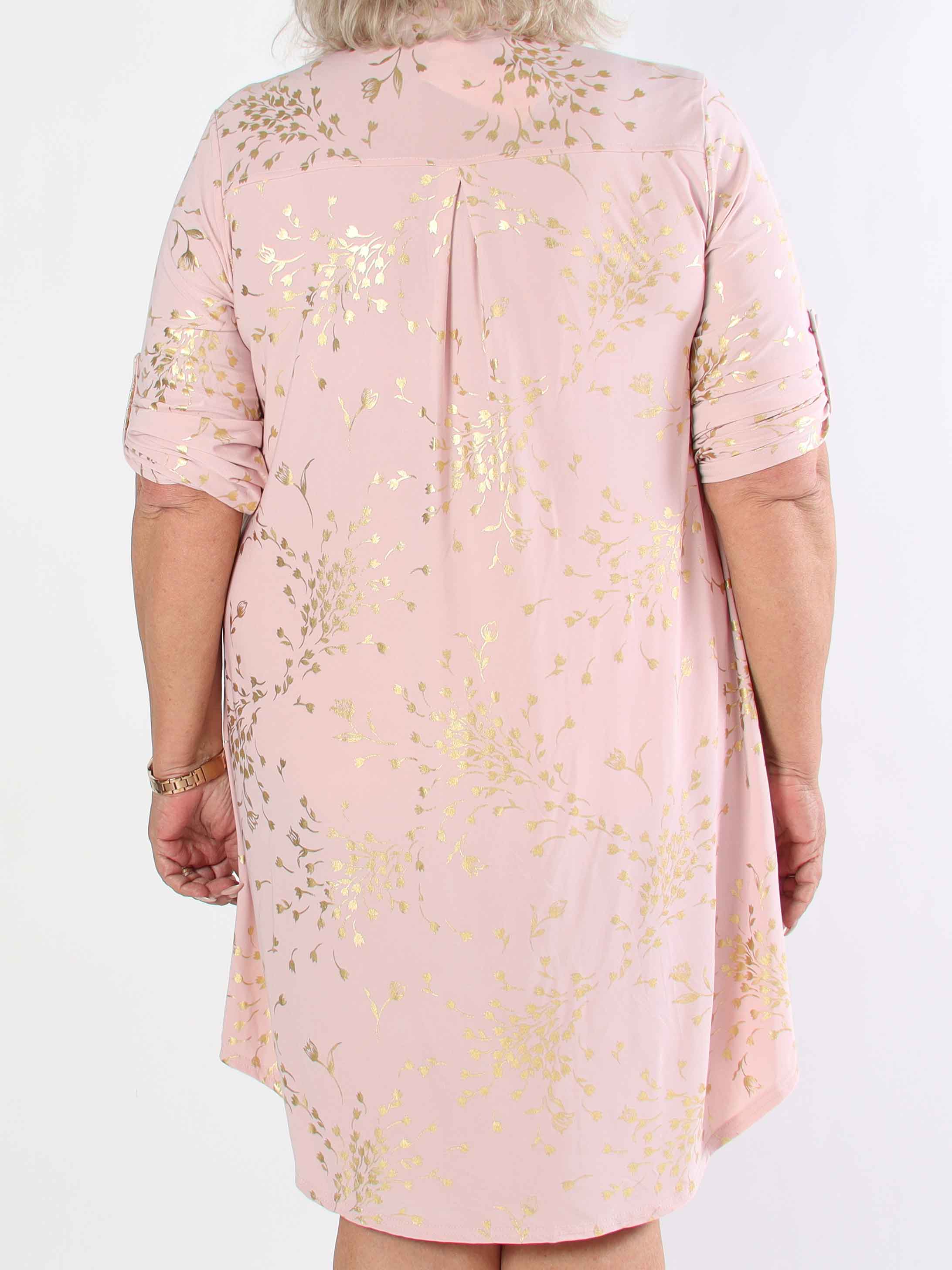 Ebba Gold Leaf Long - Elastisk enfärgad plus size klänning med guld blommigt mönster